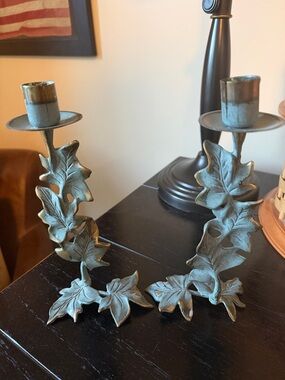 Partylite Leaf Motif Metal Candle Holders in Aged Green